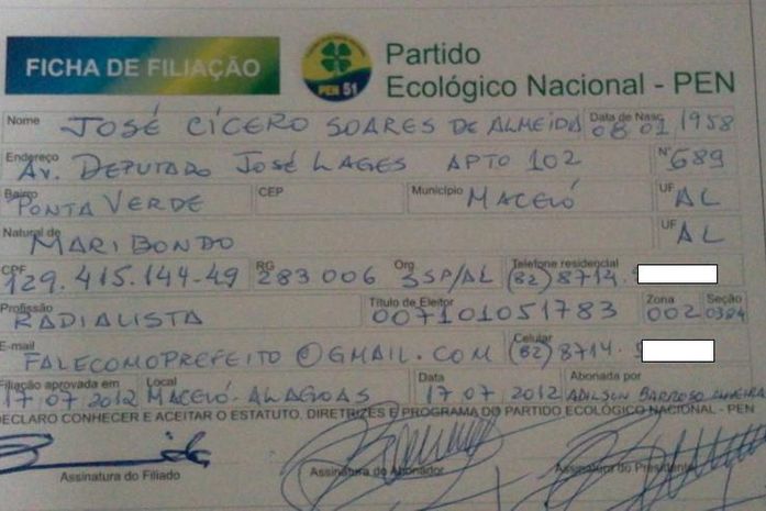 Ficha de filiação de Almida ao PEN