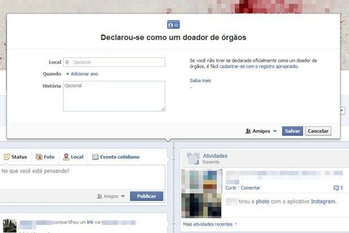 Usuários podem criar um evento cotidiano para informar sobre a doação de órgãos