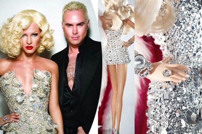 Os estilistas Phillipe Blond (com o look da boneca) e David Blond. Mais os detalhes da Barbie fashionista