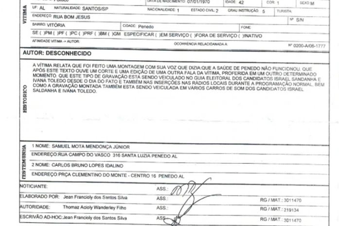 BO registrado na delegacia pelo ex-prefeito Március Beltrão