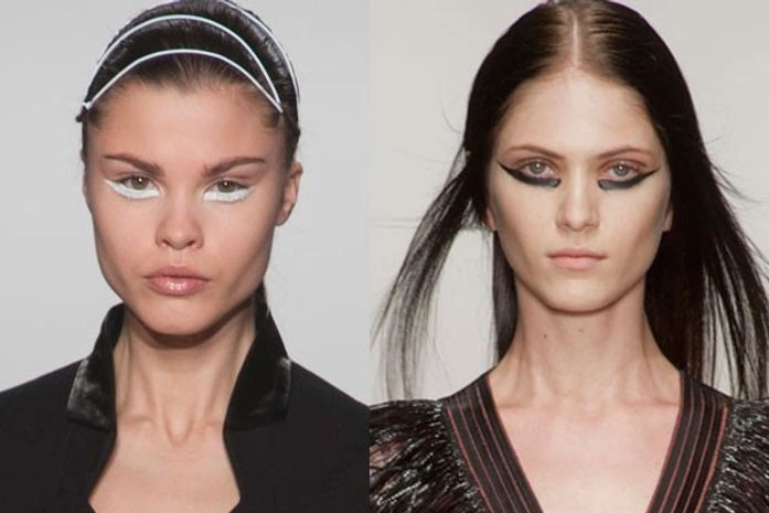 O delineador invertido, à esquerda, na passarela de Unconditional, e na beleza de Marios Schwab