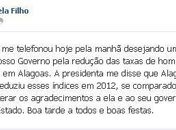 Dilma parabenizou AL pela redução da violência, diz Téo