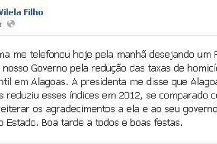 Dilma parabenizou AL pela redução da violência, diz Téo