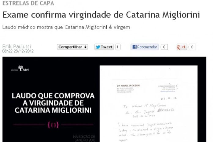 Exame confirma virgindade de capa da 'Playboy', diz site