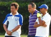 Treinador Lorival Santos, gerente de futebol Elias Mansur e o preparador físico, Vitor Albuquerque