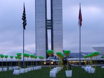 O gramado em frente ao Congresso Nacional amanheceu hoje com 81 vassouras, baldes e panos de chão. Movimentos anticorrupção pedem um presidente ficha limpa
