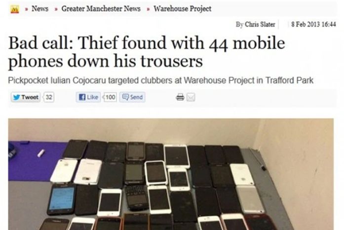 Ladrão é preso com 44 celulares escondidos na calça na Inglaterra