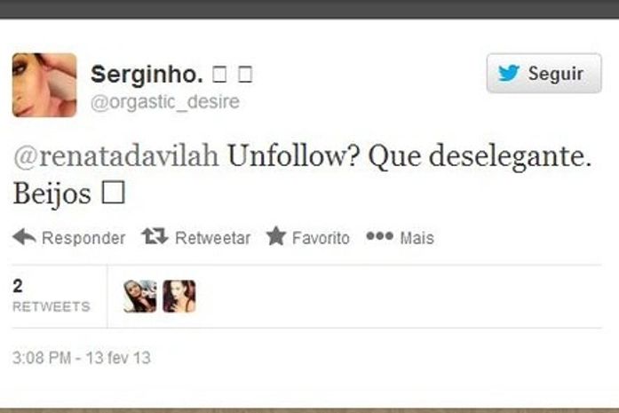Ex-BBB Serginho alfineta Renata no Twitter: 'Unfollow? Que deselegante'