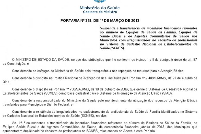 Ministério da Saúde suspende recursos para 8 municípios