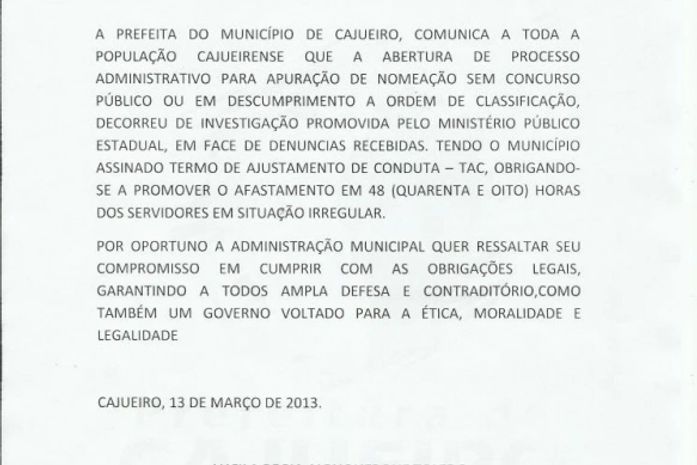 Prefeitura de Cajueiro emite nota sobre exoneração de servidores
