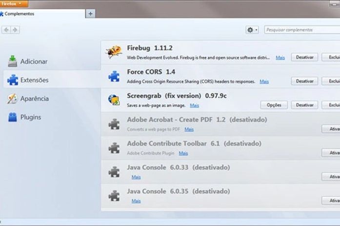 Lista de extensões instaladas no Firefox
