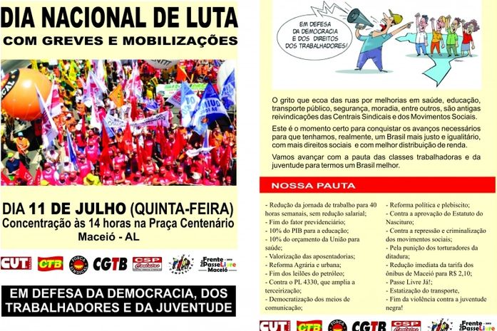 CUT-AL convoca população para grande mobilização da classe trabalhadora no dia 11