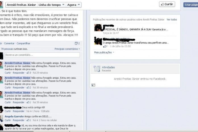 Postagem na página do Facebook de Areski Júnior