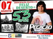 Feliz Deserto comemoração 53 anos de emancipação política nesta quarta-feira