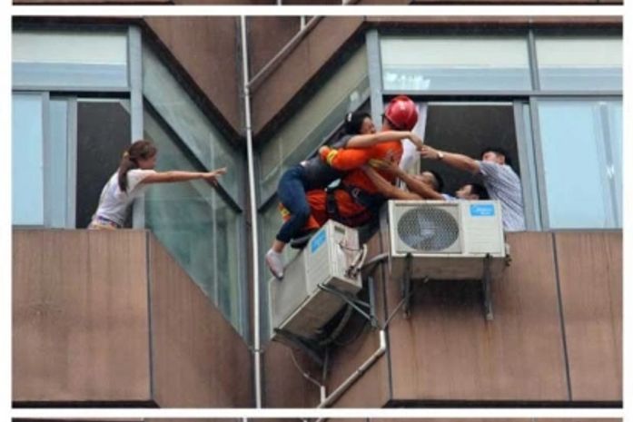 Bombeiro salva mulher que tentava se jogar de prédio na China