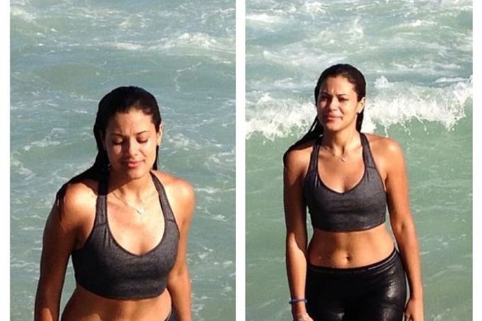 Ildi Silva dá mergulho de short e top em praia do Rio