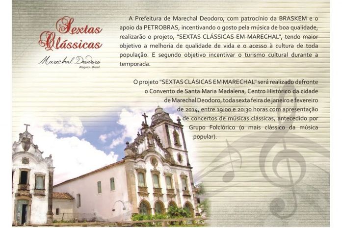 Prefeitura de Marechal Deodoro lança projeto cultural "Sextas Clássicas