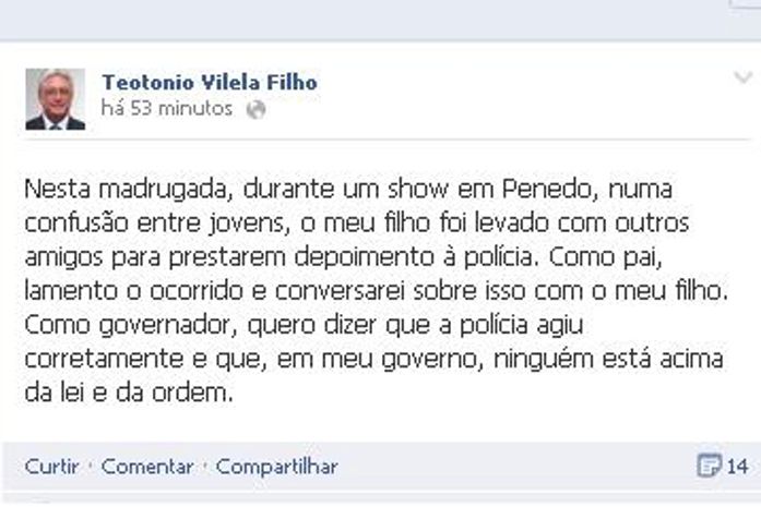 Mensagem do governador sobre a prisão do filho