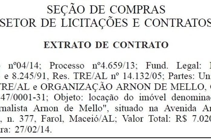 Extrato do contrato de R$ 7 milhões do TRE com a OAM de Collor