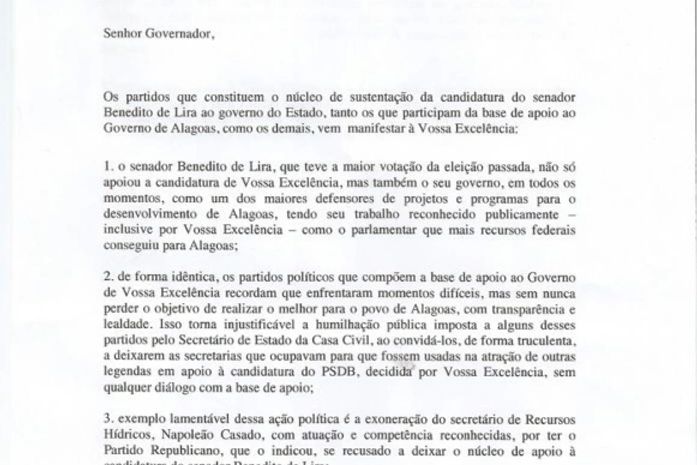 Nota entregue ao governador