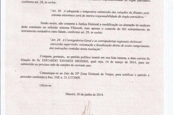 Corregedoria Eleitoral se manifesta sobre filiação de ET