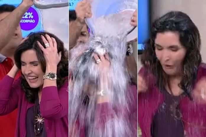 Desafiada por Ivete Sangalo, Fátima toma banho de balde com gelo ao vivo