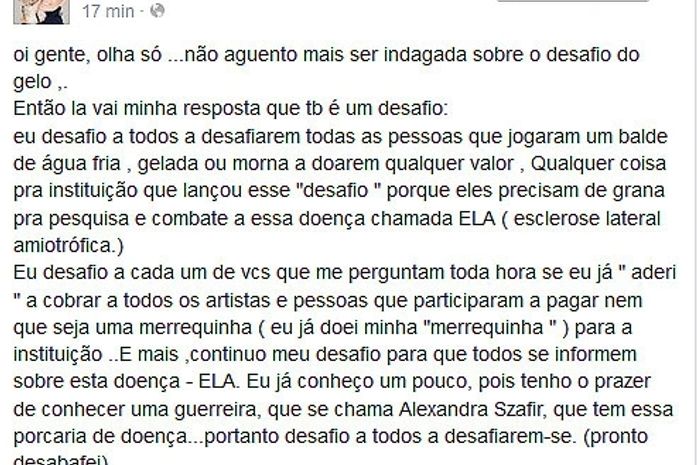 Em rede social, Xuxa reclama do desafio do balde e diz: cobrem os artistas a doarem