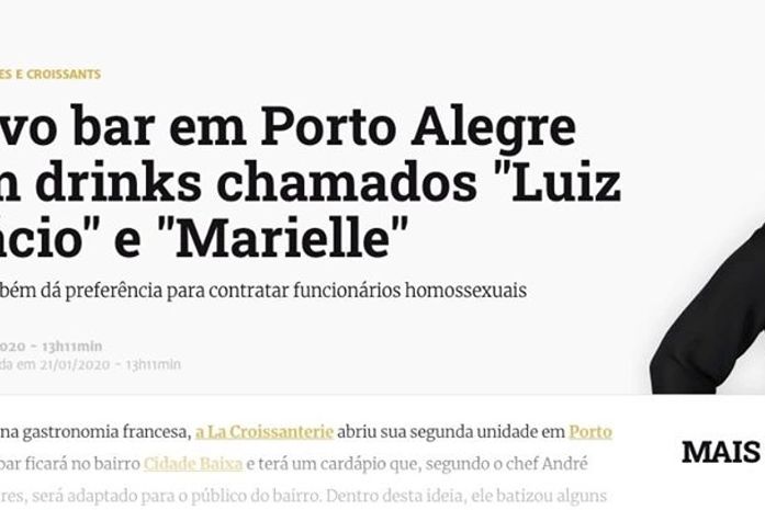 Novo bar em Porto Alegre tem drinks chamados "Luiz Inácio' e "Marielle".