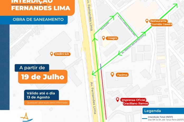 Trecho da Avenida Fernandes Lima será interditado para obras, na Gruta de Lourdes