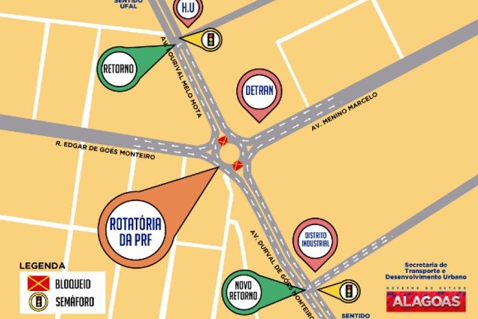Primeiro desvio das obras do Viaduto da Polícia Rodoviária Federal se inicia nesta quarta-feira (4) entre as rodovias BR-104 e 316, na Avenida Durval de Góes Monteiro, parte alta de Maceió