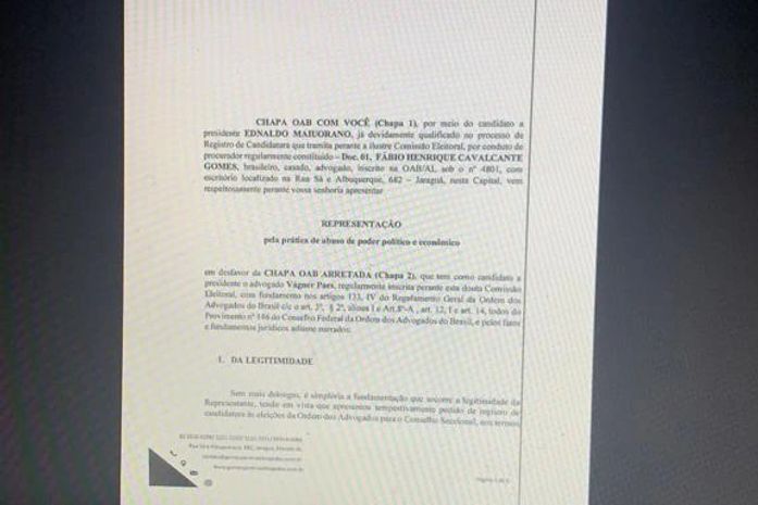 Chapa 1 representa Chapa 2 por abuso de poder político e econômico