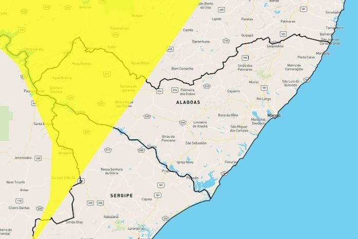 Inmet emite alerta de chuvas e rajadas de vento para 19 municípios alagoanos