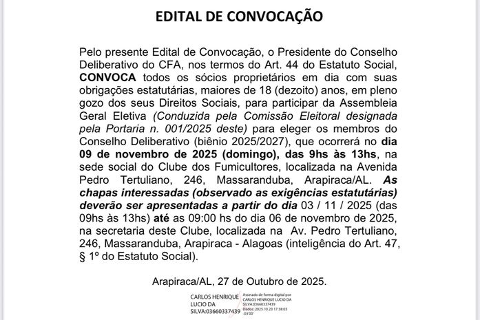 Edital de Convocação para Assembleia Geral Eletiva – Biênio 2025/2027
