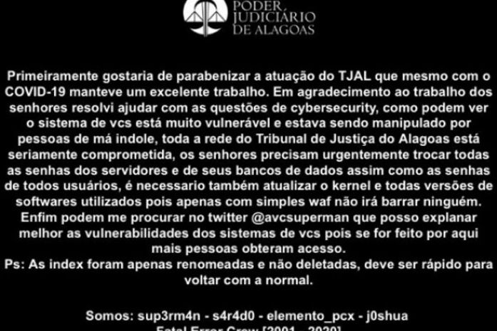 Hacker invade site do TJ/AL e parabeniza o órgão pela atuação durante pandemia