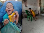 Com a cadeira de plástico que a mãe, catadora de recicláveis, encontrou no lixo, João se sente livre e brinca o dia todo.