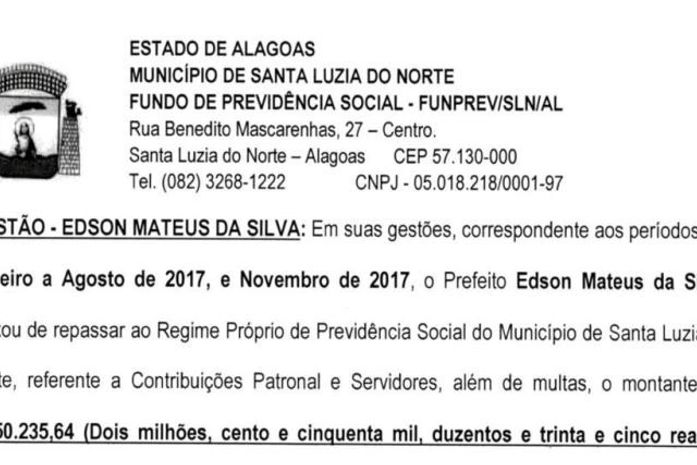 A Previdência conforme nota acima, enviou para o MPE/AL a relação do rombo de cada prefeito, e segundo o órgão o estrago do Edson foi o maior