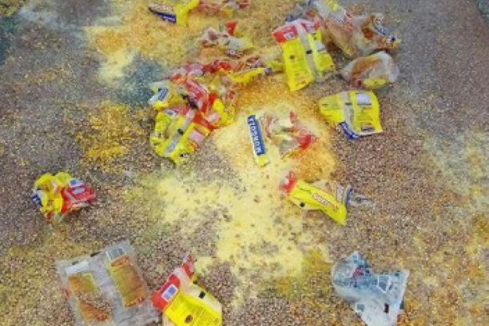 Os assaltantes levaram farinhas de milho, ovos e macarrão, entre outros alimentos.