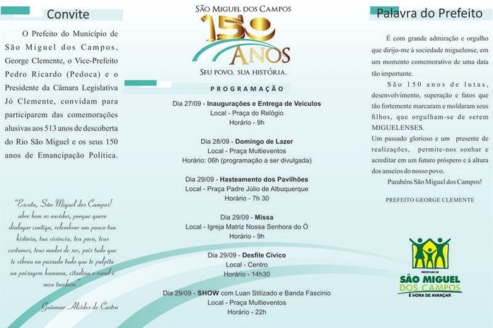 Festejos dos 150 anos de São Miguel dos Campos terão início amanhã