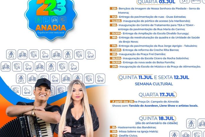 Prefeitura de Anadia anuncia programação em comemoração aos 223 anos de história