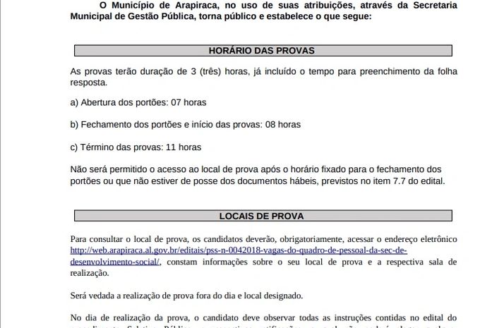 Locais e horários de prova do PSS do Desenvolvimento Social são divulgados pela Prefeitura de Arapiraca