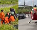Motorista é resgatado por helicóptero após capotar Kombi na BR-101
