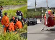 Motorista é resgatado por helicóptero após capotar Kombi na BR-101