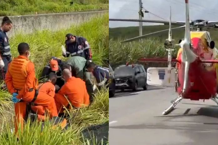 Motorista é resgatado por helicóptero após capotar Kombi na BR-101