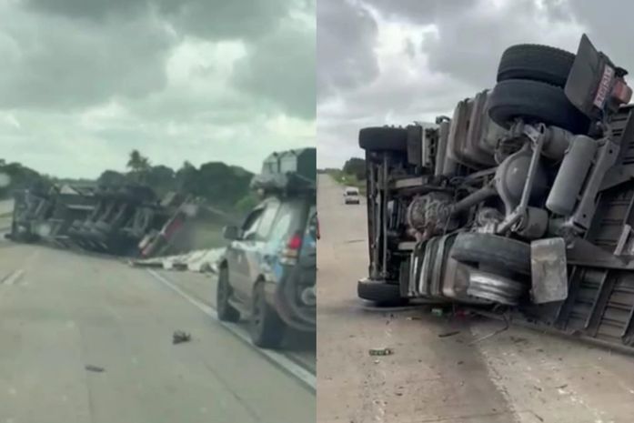 Carreta que transportava café tomba e carga é saqueada na BR-101, em Junqueiro