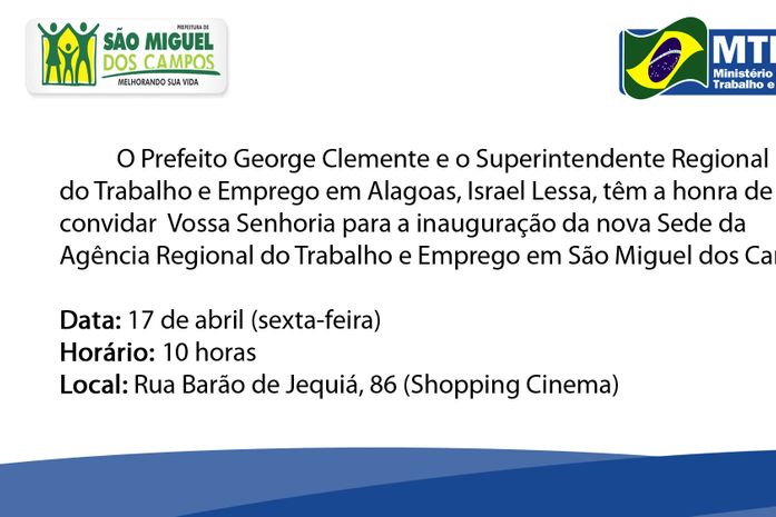 Nova Agência Regional do Trabalho e Emprego será inaugurada em São Miguel dos Campos