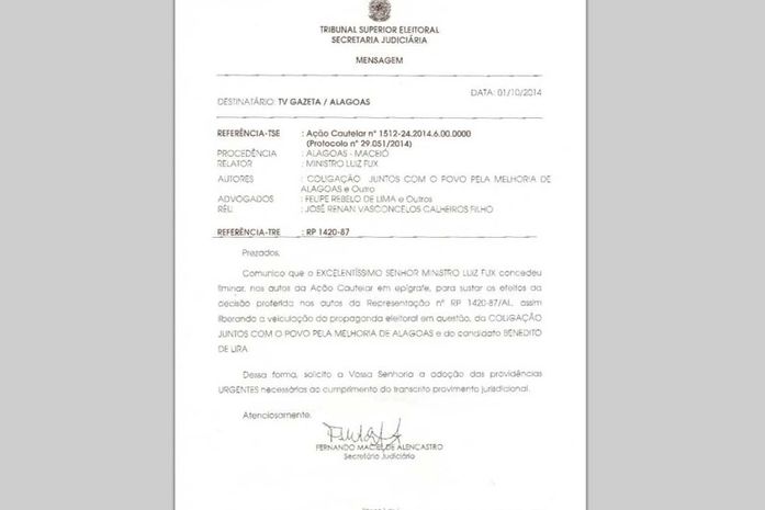Fax suspeito de falsificação favoreceria candidato Benedito de Lira