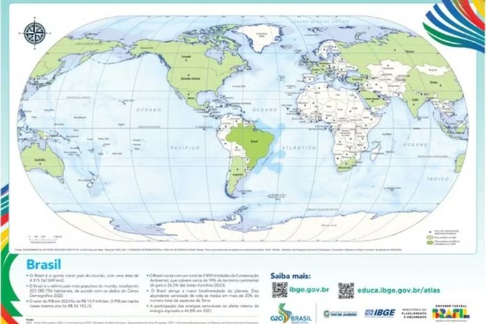 No 7 de setembro, IBGE libera download de mapas com Brasil no centro do mundo