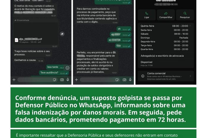 Defensoria alerta sobre tentativas de golpe no WhatsApp utilizando o nome da instituição