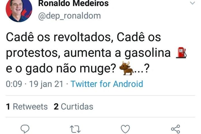 "Aumentou a gasolina e o gado não muge", ironiza deputado alagoano no twitter