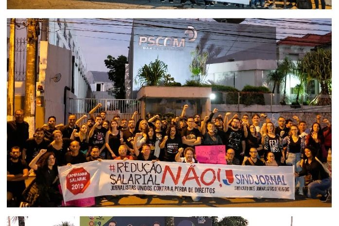 Jornalistas concentrados em frente a uma das empresas